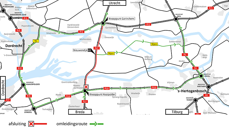 Omleidingskaart tijdens werkzaamheden A27 richting Utrecht van vrijdag 5 juli tot maandag 8 juli tussen knooppunt Gorinchem en knooppunt Hooipolder